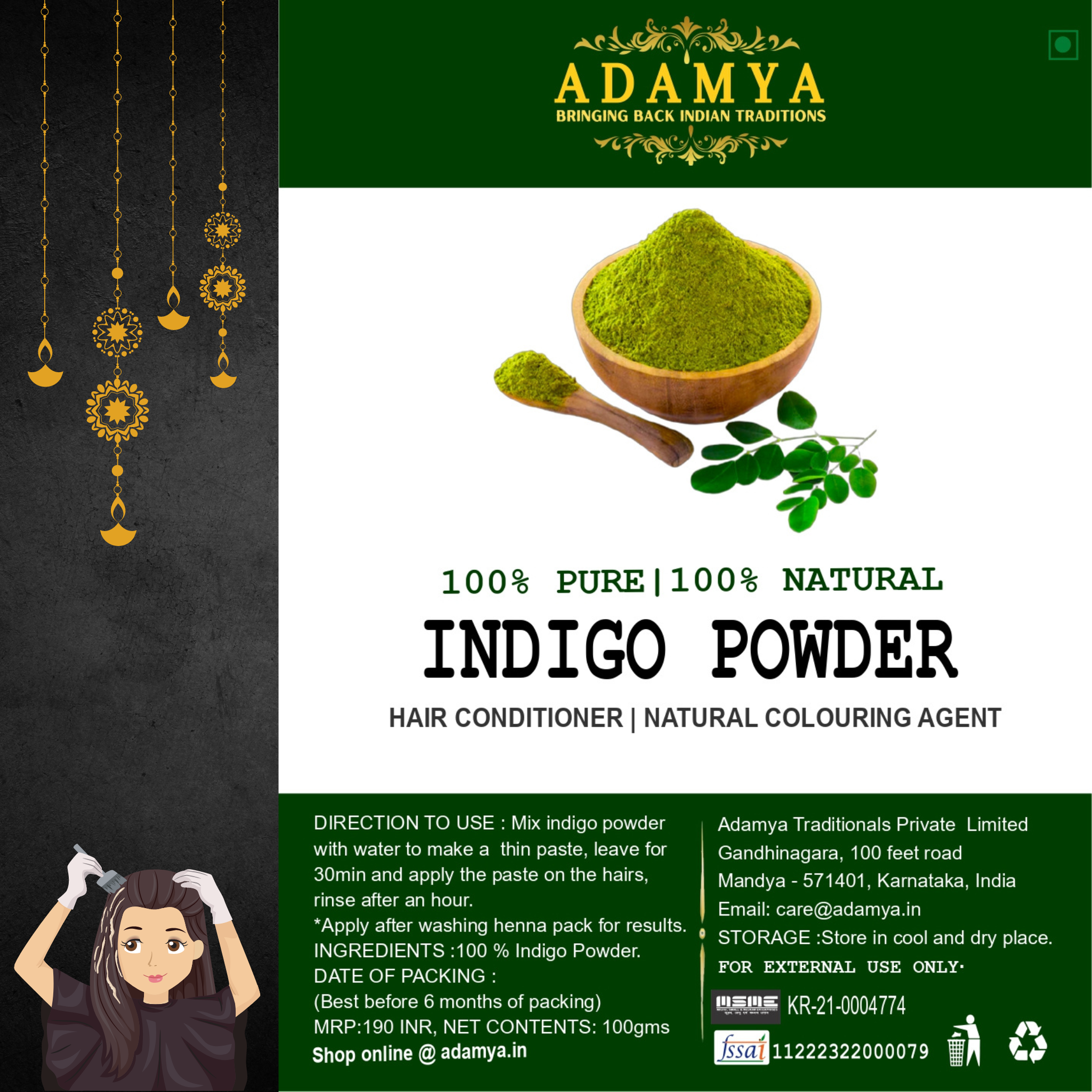 INDIGO POWDER FOR HAIR CONDITIONER, NATURAL COLOURING AGENT _ 100% PURE, 100% NATURAL AND CHEMICAL FREE
