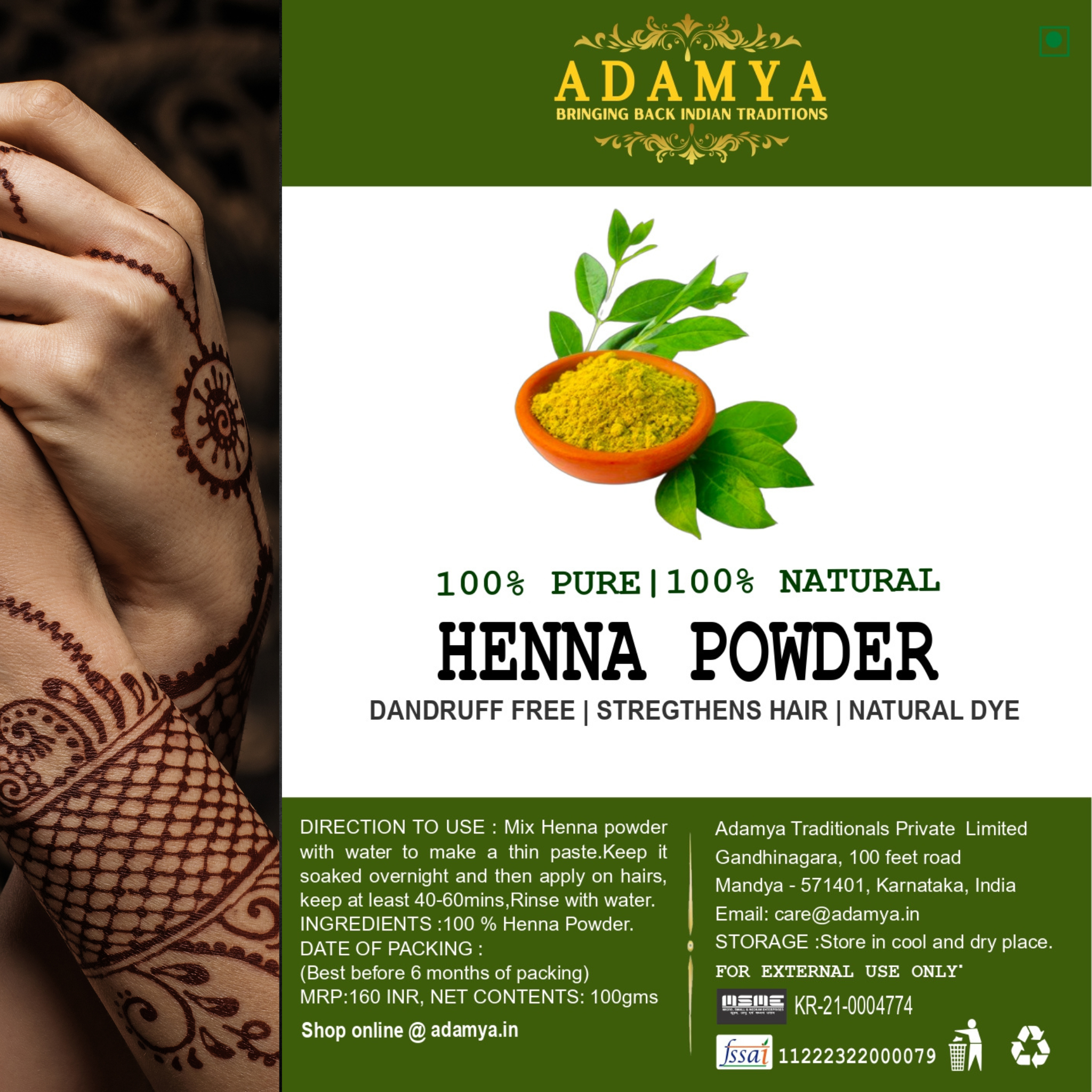 HENNA POWDER FOR NATURAL DYE, DANDRUFF FREE, STRENGTHENS HAIR _ 100% PURE, 100% NATURAL AND CHEMICAL FREE