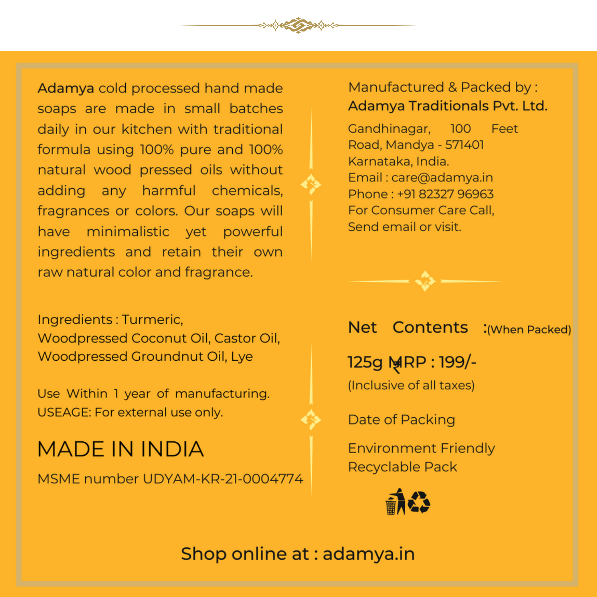 HANDMADE COLD PROCESSED TURMERIC SOAP FOR SOOTHING, BRIGHTENING SKIN