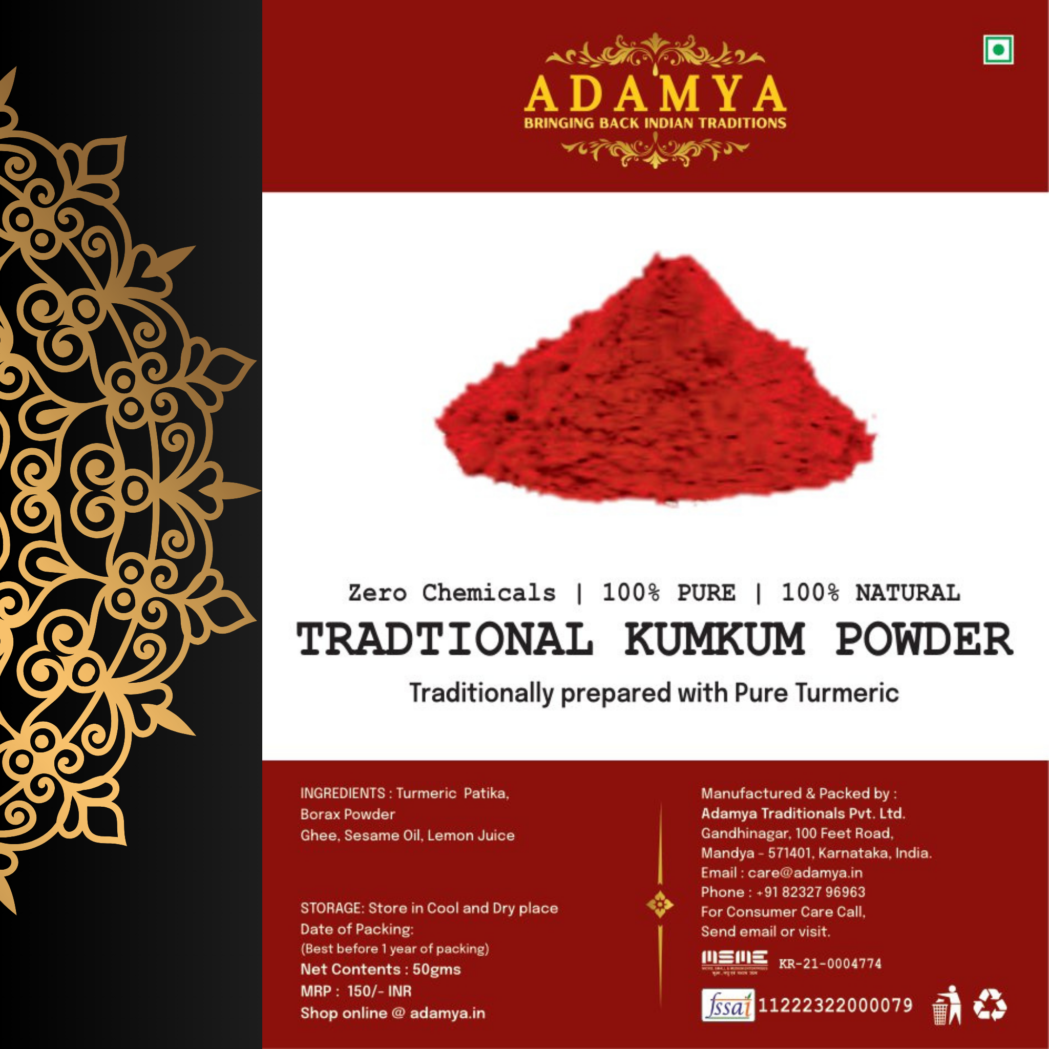 TRADITIONAL KUMKUM - 100% PURE, 100% NATURAL AND CHEMICAL FREE