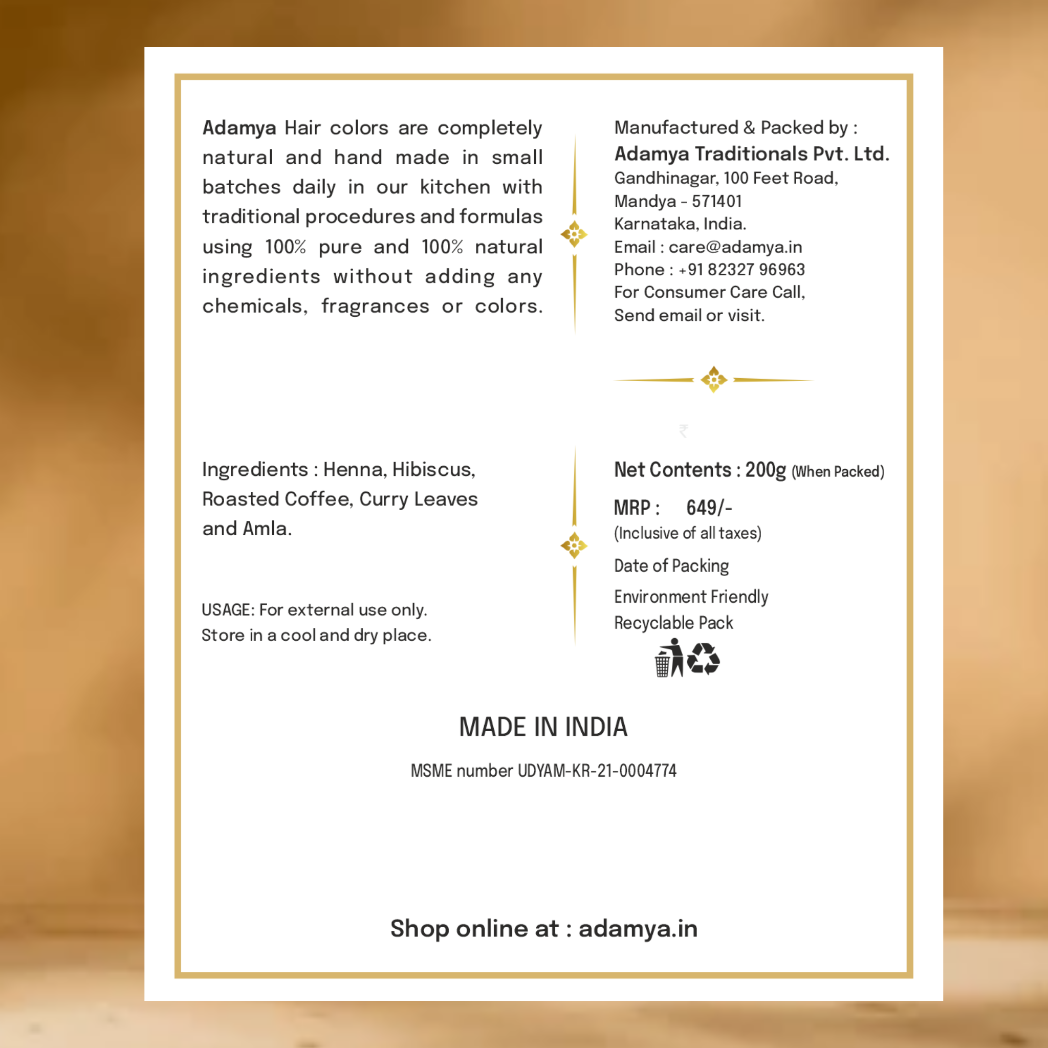 HANDMADE NATURAL HAIR COLOR (SINGLE PROCESS) _ 100% PURE, 100% NATURAL AND CHEMICAL FREE