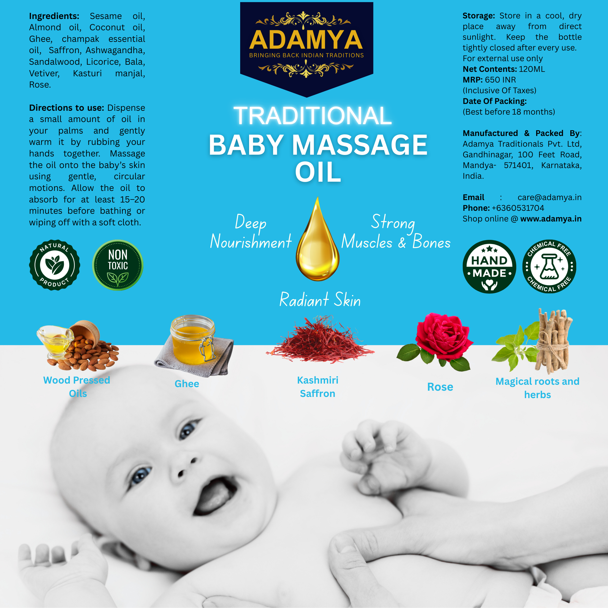 Traditional Baby Massage Oil – 100% Natural Ayurvedic Blend - Nourishing, Strengthening & Enhancing Glow for Babies