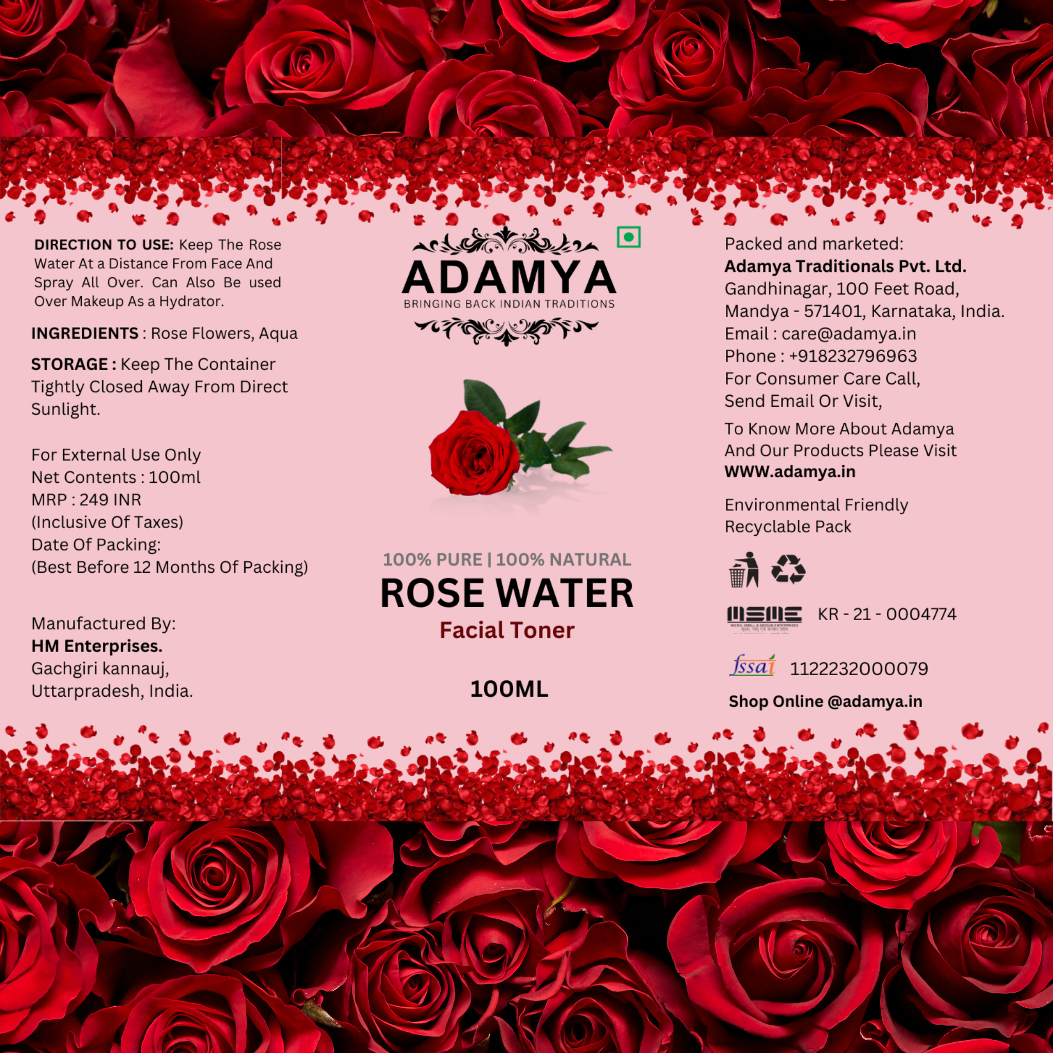 100% Pure Rose Water - Facial toner