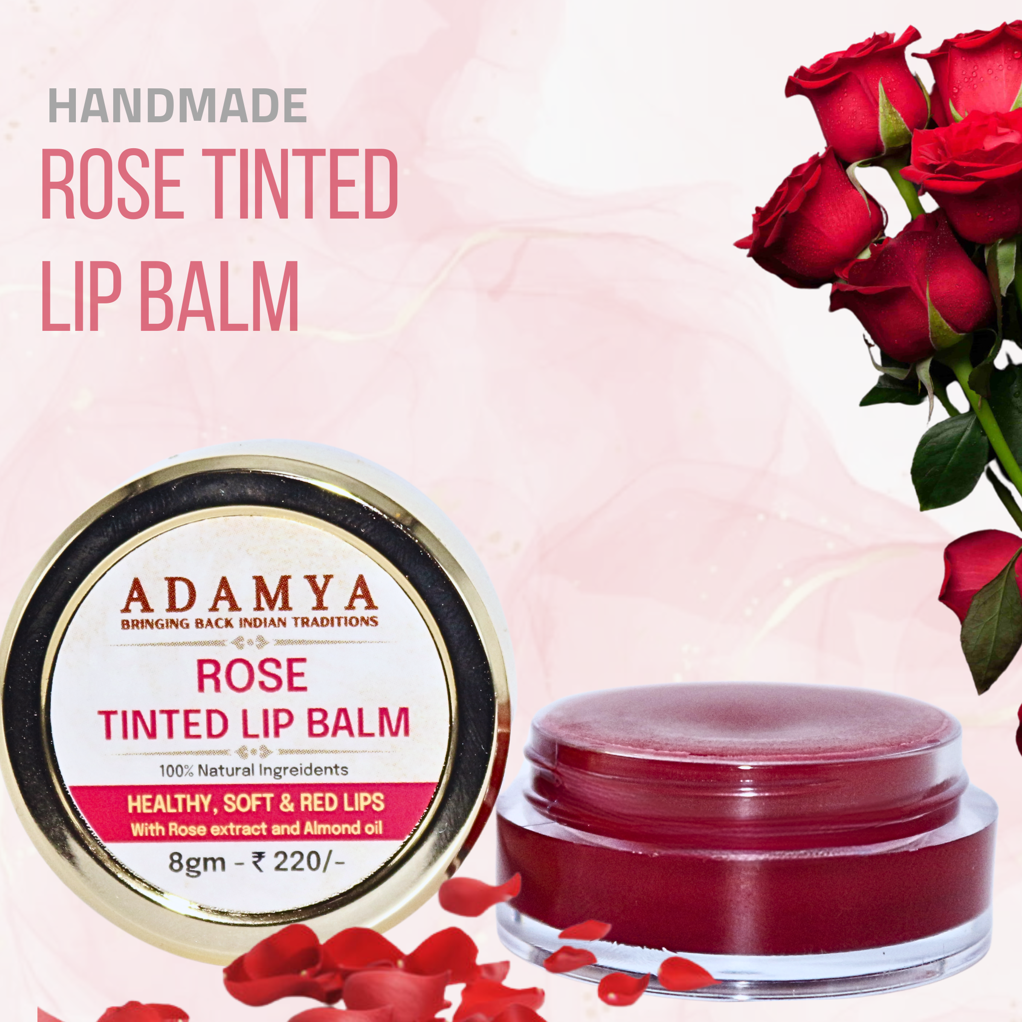 HANDMADE NATURAL ROSE PETAL LIP BALM _ 100% PURE, 100% NATURAL AND CHEMICAL FREE